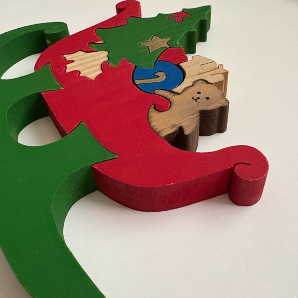 Santa Sleigh Jigsaw Puzzle Block Wood Handcrafted Christmas Figurine 3D Vintage - Picture 6 of 15